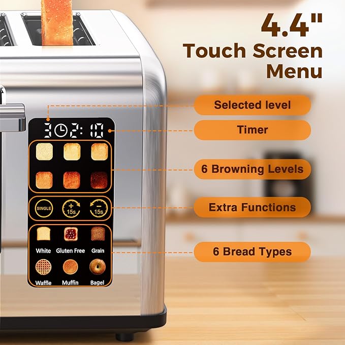 4 Slice Touch Screen Toaster Easy-to-Use Digital Stainless Steel Toaster with Wide Slots Reheat Defrost Cancel Removable Crumb Tray Silver