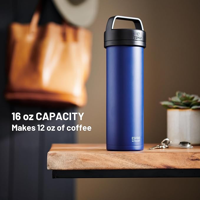 ESPRO P0 Ultralight French Press Coffee Maker for Travel Vacuum Insulated Stainless Steel 16 Ounces Blue