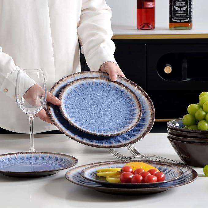 Melamine Dinnerware Sets 12 Pcs Plates and Bowls Sets Melamine Plates Outdoor Dishes Sets Unbreakable Dinnerware Serving Dishes for Entertaining Dishwasher Safe BPA Free (Classic Blue)