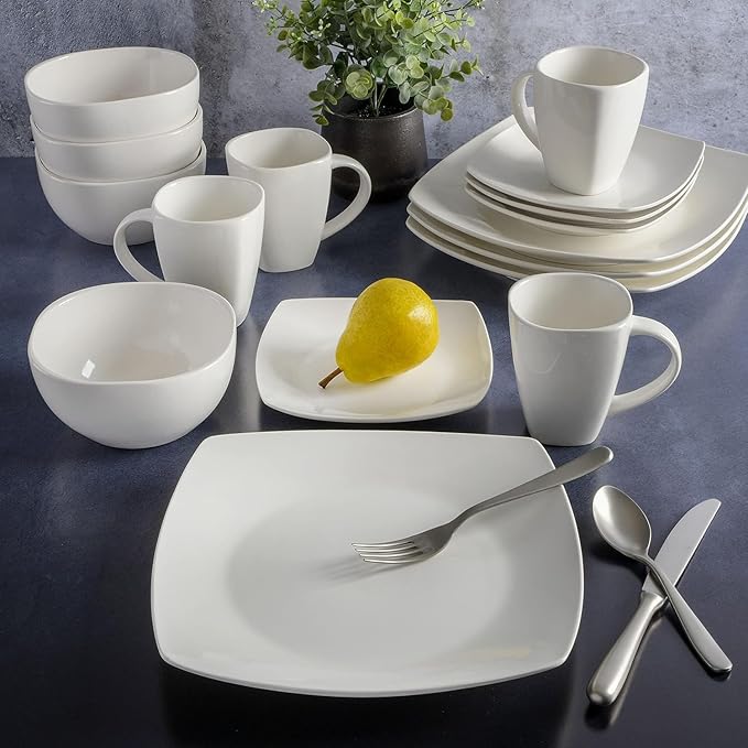Modern Matte Glaze Square Dinnerware Set - 16 Piece Stoneware Service for 4 Dishwasher &amp Microwave Safe Teal Finish (White)