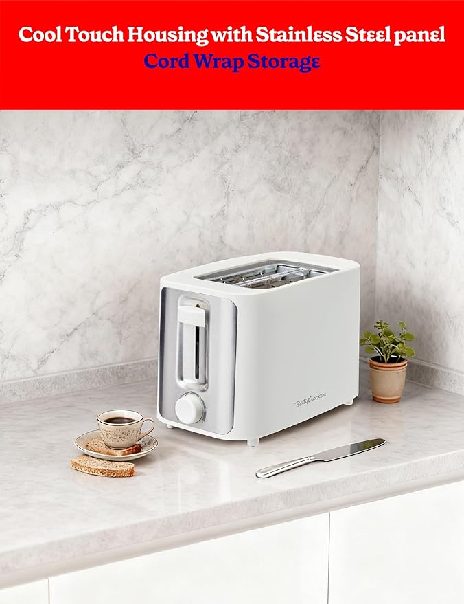 Betty Crocker 2-Slice Toaster 900W Variable Toast Shade Control High Lift Feature Cool Touch Housing Bread Centering Guides Drop Down Crumb Tray BC-5632W White