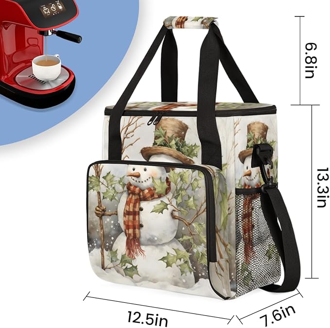 Christmas Snowman Coffee Maker Carrying Bag Retro Snowman Travel Storage Bag Compatible with K-Mini or K-Mini Plus Single Serve Coffee Brewer Carrying Case with Multiple Pockets &amp Shoulder Strap