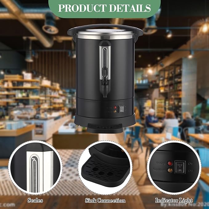 Coffee Urn 14L Hot Beverage Dispenser for Catering Double-Wall Stainless Steel Percolator Dripless Faucet Coffee Urn w/Water Level Gauge &amp Drip Tray Keep Warm Indicator Lights Black