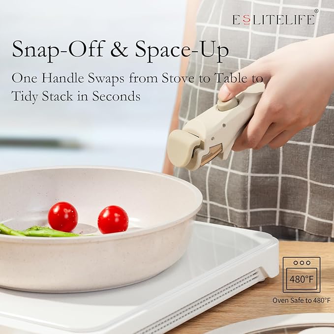 ESLITE LIFE Nonstick Cookware Sets with Detachable HandleCeramic Coating Pots and Pans Set Kitchen Cooking Set Compatible with All Stovetops PTFE &amp PFOA Free White 10 Pcs Set