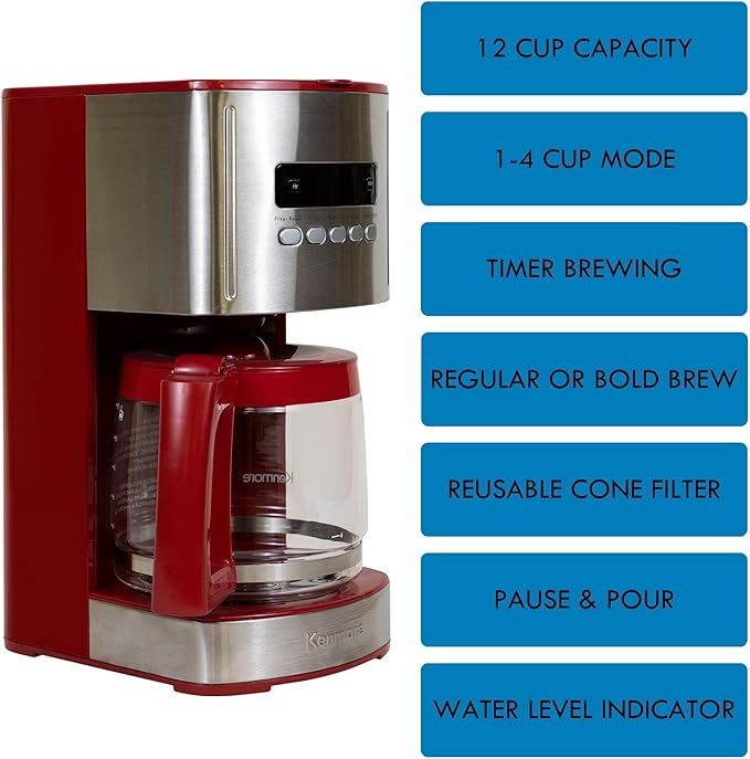 Kenmore Drip Coffee Maker - Programmable Cafe Machine With Glass Pot Regular &amp Bold Brew Auto Shut Off Large Water Reservoir Reusable Filter Kitchen Appliances For Cafeteria Barista 12 Cup Re
