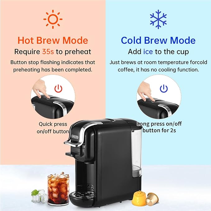 Tissting 4 in 1 Pod Coffee Maker 19Bar Pressure &amp 92℃ Constant Temperature - Fast 20s Brew for Hot Cold Coffee Programmable Single Double Serve 600ml Capacity with Auto Shutoff (US plug)