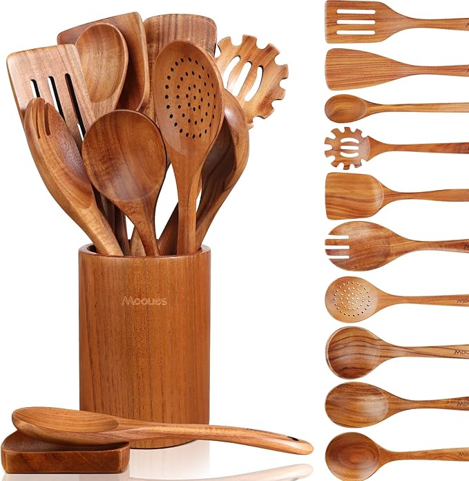 12 Piece Wooden Spoons for Cooking Wooden Utensils for Cooking with Utensils Holder Natural Teak Wooden Kitchen Utensils Set with Wooden Spoon Rest Comfort Grip