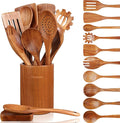 12 Piece Wooden Spoons for Cooking Wooden Utensils for Cooking with Utensils Holder Natural Teak Wooden Kitchen Utensils Set with Wooden Spoon Rest Comfort Grip