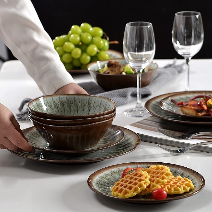 Melamine Dinnerware Sets for 412 Pcs Party Plates and Bowls SetsOutdoor Use Harvest Dinner Dishes SetGreat for RVs CampingLightweight UnbreakableDishwasher SafeSage Green