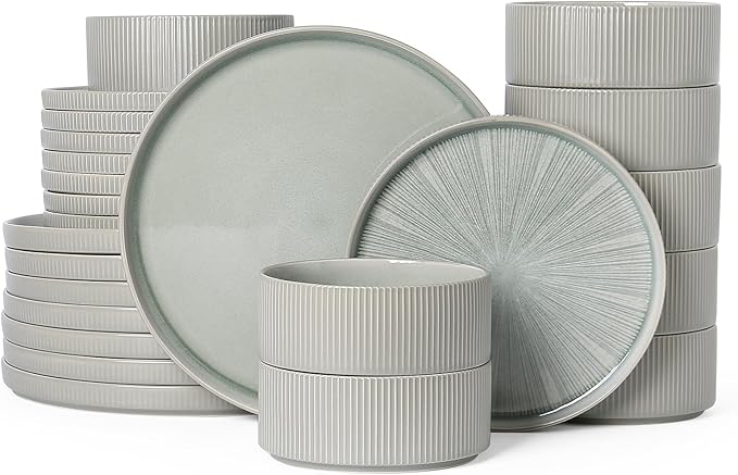 Dinnerware Sets Ceramic Plates and Bowls Set 24 Piece Dinnerware for 8 Chip Resistant Stoneware Dishwasher and Microwave Safe-green