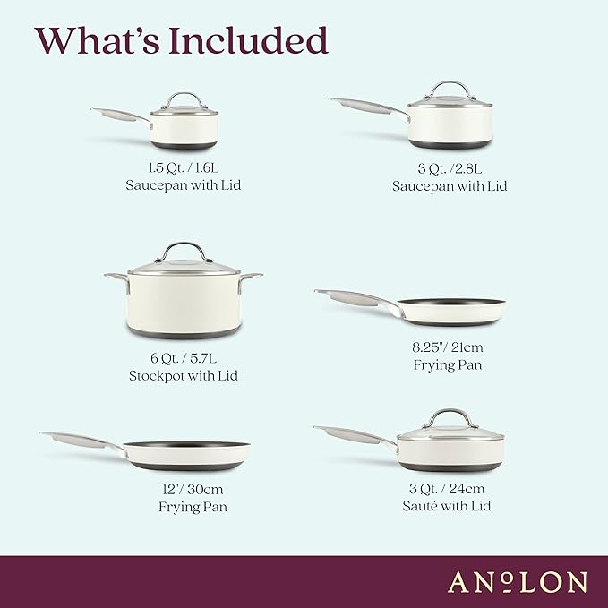Anolon Achieve Hard Anodized Nonstick Cookware/Pots and Pans Set 10 Piece - Cream