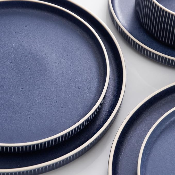 Dinnerware Set Service for 8 24-Piece Ceramic Plates and Bowls Set Chip &amp Scratch Resistant Microwave and Dishwasher Safe Modern Minimalist Tableware for Everyday Use Matte Blue