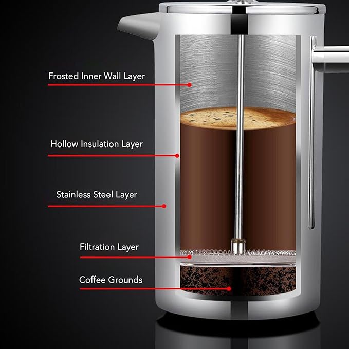 Fockety French Press Coffee Maker Stainless Steel Double Wall Insulated Coffee Press with U Shaped Spout Rustproof Dishwasher Safe French Coffees Maker for Home Office Camping (1000ml)