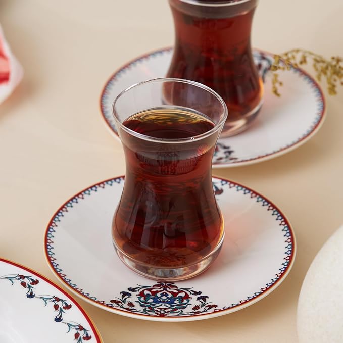 Karaca Nakkas 18 Piece Turkish Teacups &amp Appetizer Plate Set for 6 People - Colorful Dessert Plates (7.4) Small Turkish Tea Glasses with Saucers - Glass Tea Cups &amp Porcelain Dish Set
