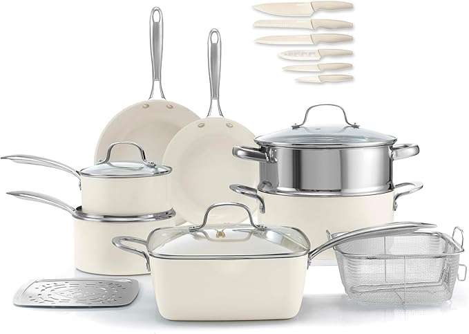 Gotham Steel 20pcs Pots and Pans Set Non Stick Ceramic Cookware Set with Deep Frying Pan Set &amp 6pc Knife Set Improved Ti-Cerama Coating Made without PFOA PFOS Lasts 2x Longer Oven &amp Dishwash