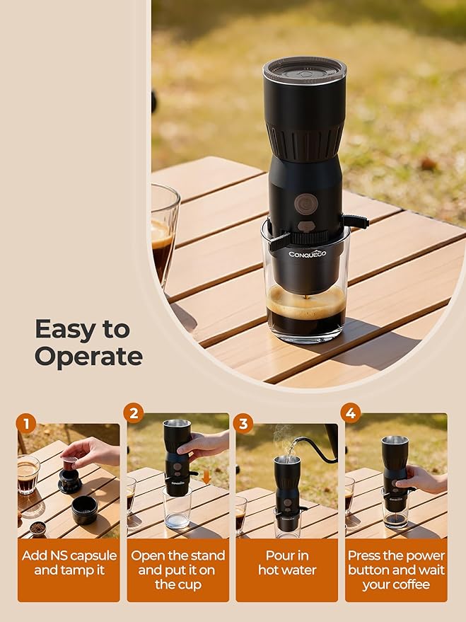 Portable Handheld Electric Espresso Machine Ultra Light Compact Coffee Maker for Hot Water 160ML Large Water Tank 2300mAh Battery Unique Bracket Fast Brewing for NS Capsules Travel/Camping/Office
