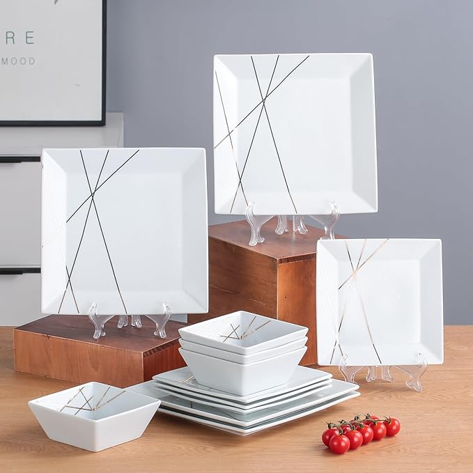 DOMINI 12-Piece Kitchen Dinnerware Set Service for 4 Porcelain Dishes Dinner Set Square Dinnerware Sets with Dinner Plates Dessert Plates and Pasta BowlsWhite gold line