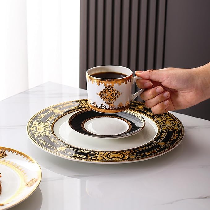 European Style Dinnerware Set Service for 4 Bone China Dinnerware Sets Unbreakable Porcelain Dinner Sets Coffee Cup and Saucer Tableware Set Steak Dinner Plates Dish Set Black bone china-09