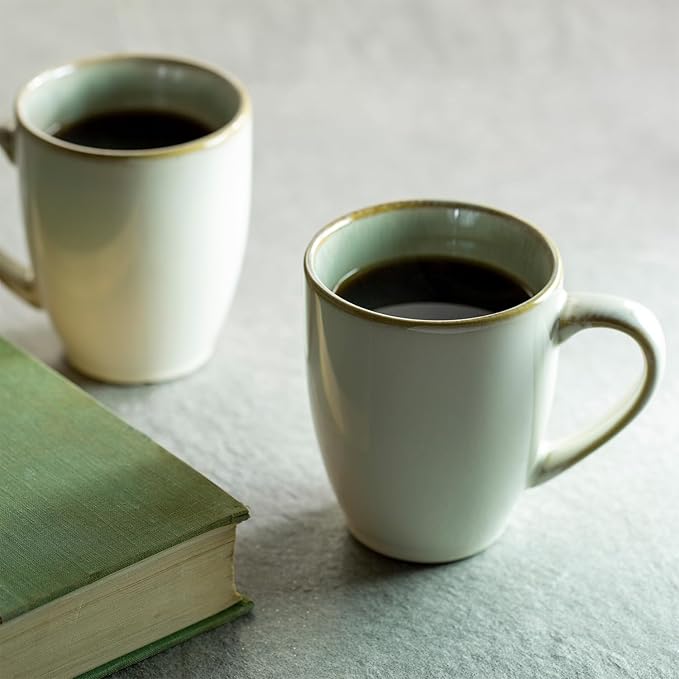 Sango Resona Moss Green Stoneware Mugs (Set of 4) – 12 fl. oz Durable Stoneware with Reactive Glaze Delicate Gray-Green Interior Microwave &amp Dishwasher Safe for Everyday Dining &amp Entertain