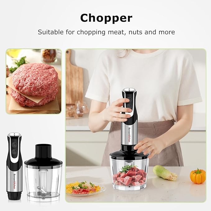 Bonsenkitchen 4-in-1 Immersion Blender Handheld with Food Processor 12 Speeds Hand Blender with Turbo Mode Stainless Steel Blade Egg Whisk Beaker &amp Chopper Bowl Stick Mixer for Smoothie Pure