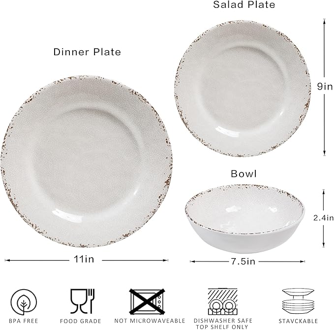 Farmhouse Melamine Dinnerware Sets12 Pieces Dishes Dinnerware SetService for 4 Lightweight Kitchen Plates and Bowls Sets Great for Casual dining and Outdoor Parties Camping or RVs White