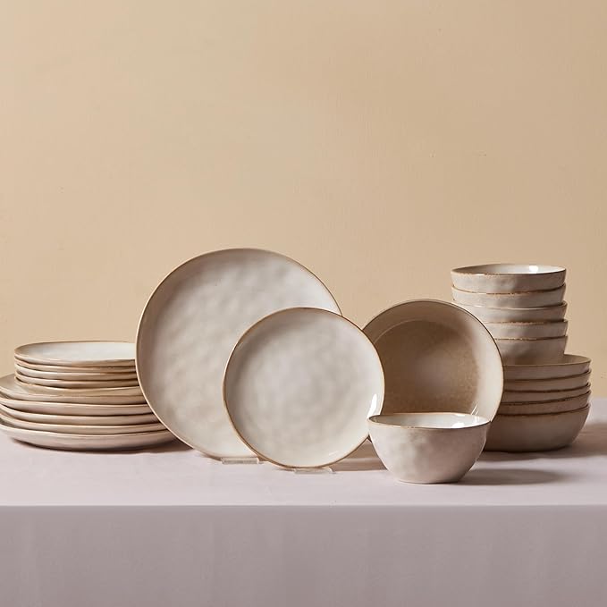 Karaca Aria Reactive Stoneware Plates &amp Bowls Sets - Ceramic Dinnerware Sets for 6 24 Piece Microwave Safe Dish Set incl. Dinner Plate Set with Pasta Bowls Side Plates and Cereal Bowl - Beige