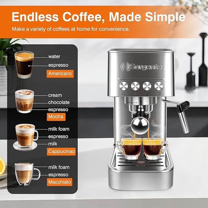 Sorgente Espresso Machine 20 Bar Stainless Steel Coffee Maker with Milk Frother 1350W with Fast-Heating System Innovative Coffee Grounds Filter Espresso Machines for Home Barista