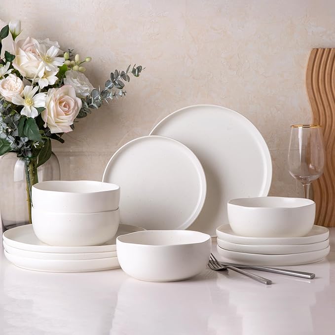 AmorArc Ceramic Dinnerware Sets Wavy Rim Stoneware Plates and Bowls SetsDishwasher &amp Microwave &amp Oven Safe Dishes set Service for 4 (12pc)-Matte Speckled White