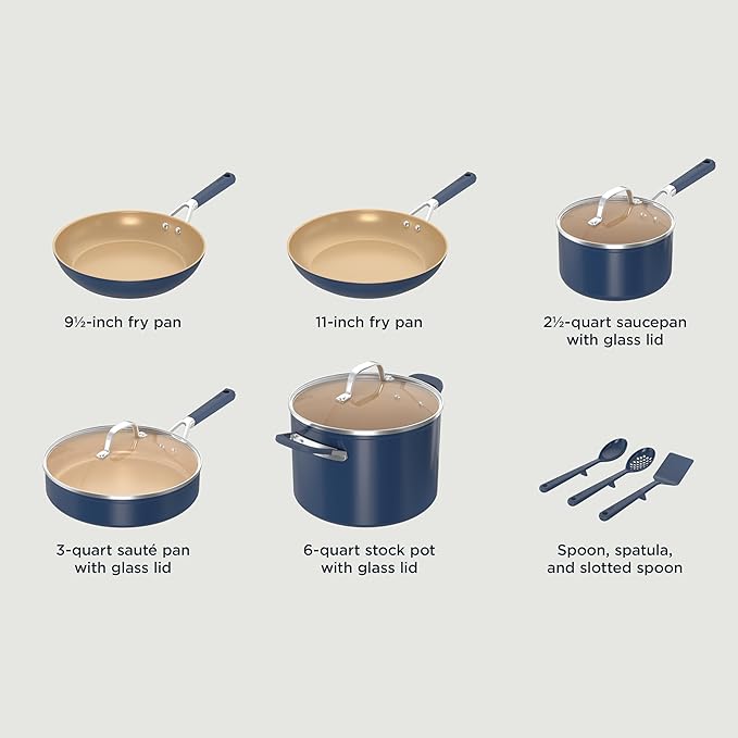 Ninja Ceramic Cookware Set Extended Life 11-Piece Kitchen Cookware Sets with Comfort Grip Nonstick Fry Pans Pots PTFE Free Oven &amp Dishwasher Safe Stovetop Compatible Navy Blue CW49011