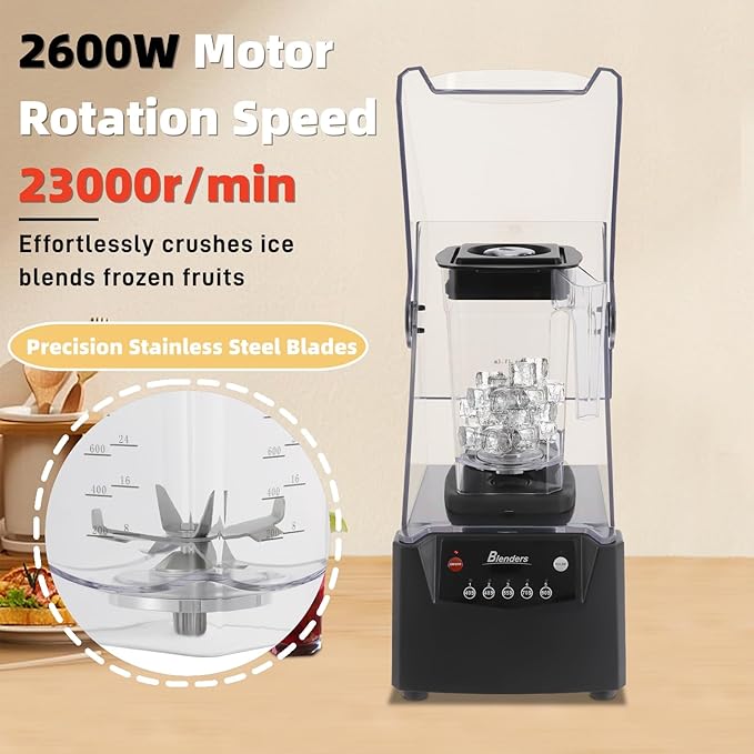 Commercial Smoothie Blender with Quiet Shield 61oz Quiet Blender for Smoothies 2600W High Powered Blenders Stainless Steel Milk Shake Machines for Smoothies Milkshakes and Sauces