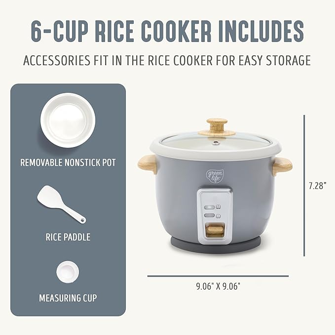 GreenLife Rice Cooker with Removable PFAS-Free Ceramic Nonstick Pot 3-Cups Uncooked/6-Cups Cooked Grains &amp Oatmeal Multicooker Compact One-Switch Design Auto Keep Warm Easy Clean Gray