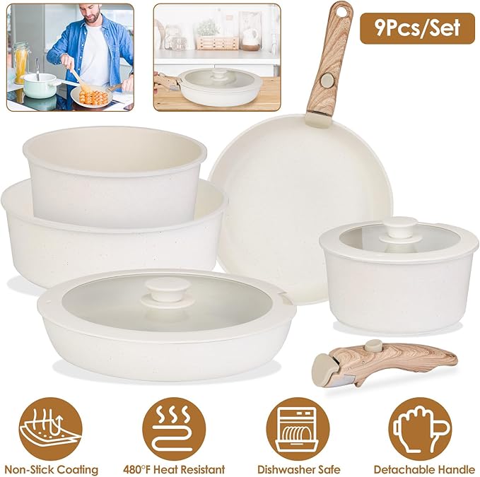 9 Pcs Pots and Pans Set White Granite Induction Cookware Non Stick Cooking Set w/Frying Pans &amp Saucepans(PFOA Free) Space Saving Detachable handles Dishwasher Safe Oven Safe