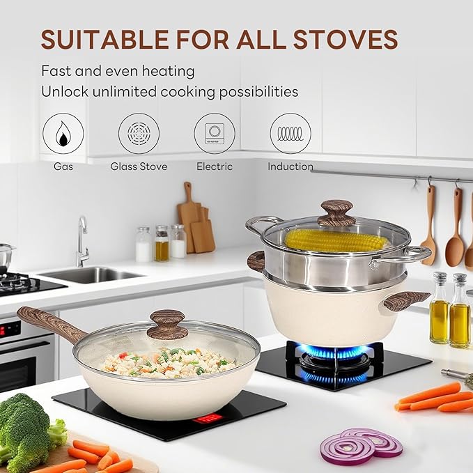 NEWBULIG 17-Piece Nonstick &amp Non-Toxic Pots and Pans Set Cookware with Stay-Cool Handles Induction Compatible Cream White