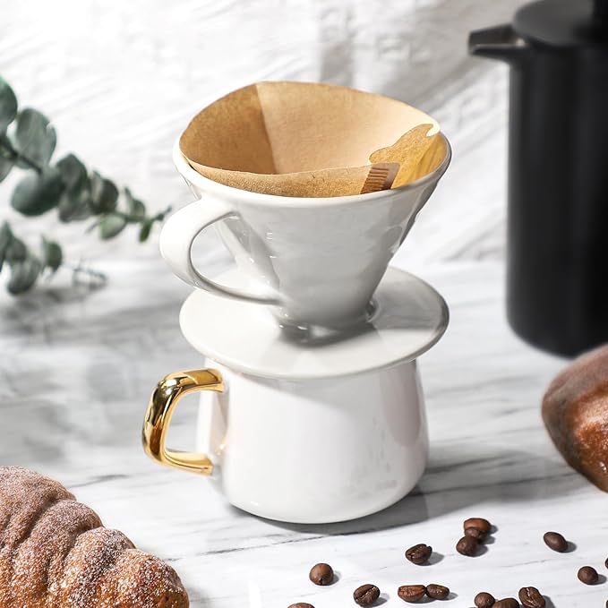 V 60 Ceramic Pour Over Coffee Dripper Reusable Porcelain Portable Pour Over Coffee Maker With 50 V-shaped coffee filtering paper
