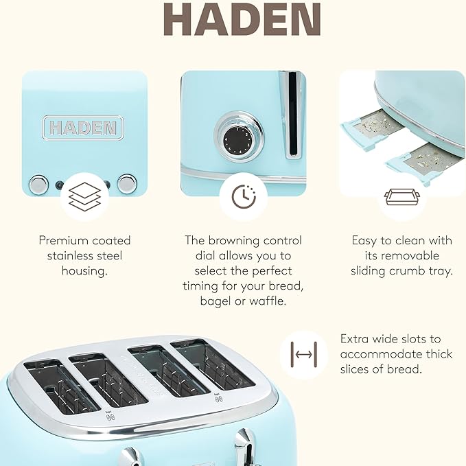 Haden Heritage 4 Slice Wide Slot Stainless Steel Toaster Bundled with 1.7 Liter Stainless Steel Electric Water Kettle Turquoise &amp Chrome