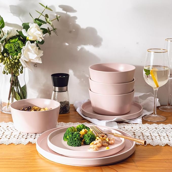 AmorArc Ceramic Dinnerware Sets of 4 Modern Flat Stoneware Plates and Bowls SetsChip and Crack Resistant | Dishwasher &amp Microwave Safe Dishes SetScratch Resistant- Service for 4 (12pc)-Matte Pi
