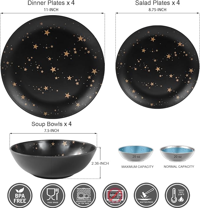 Black Melamine Dinnerware Sets - 12pcs Plates and Bowls Sets Unbreakable Camping Dishes Set for 4 Indoor and Outdoor Use Non-breakable Dinner Set - Star