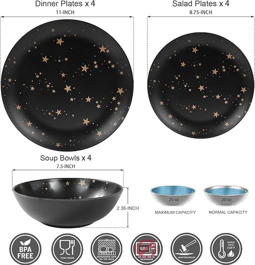 12 Piece Melamine Dinnerware Sets for 4 - Starry Pattern Camping Dishes Set for Indoor and Outdoor Use Dishwasher Safe Plates and Bowls Sets