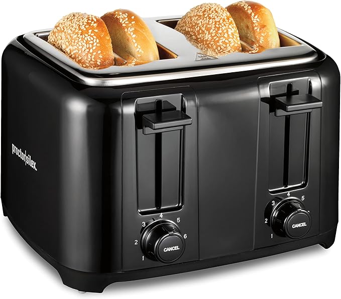 Proctor Silex 4 Slice Toaster with Extra Wide Slots Black (24215PS) &amp Elite Gourmet EKT1001 Electric BPA-Free Glass Kettle Black 1L