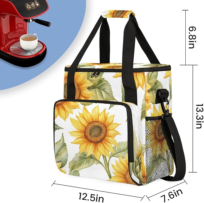 Yellow Flowers Coffee Maker Travel Bag Sunflower Insulated Grocery Bag Travel Picnic Leakproof Cooler Bags With Shoulder Strap