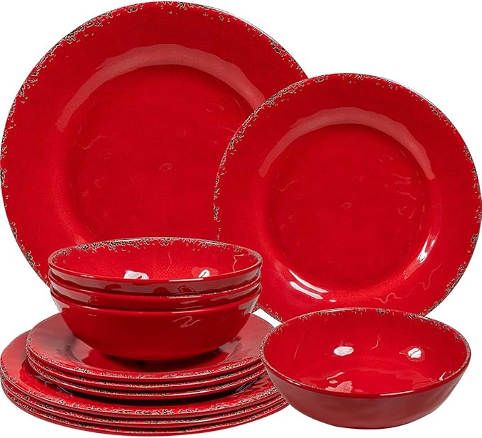 12 Piece Farmhouse Melamine Dinnerware Sets Service For 4 Rustic Crackled Plates and Bowls Sets Melamine Dishes Set for ChristmasWedding Set of 4 Camping Dishes Red