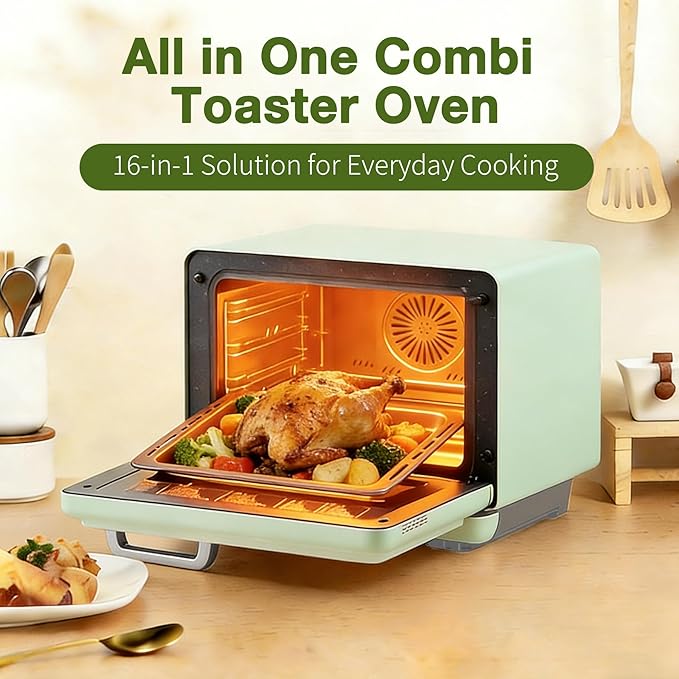 ROBAM Toaster Air Fryer Oven Combo Countertop Convection Cooker with Bake &amp Fry 1.2 Cu.Ft Large Capacity Combi Steam Oven 32 Preset Recipes Smart Touch Precise Temp Control Multi-Stage (Green