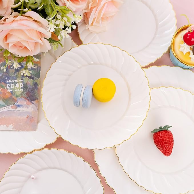 U-QE 100 Piece Ivory Scalloped Plastic Plates for Party with Gold Rim - Plastic Party Plates Disposable Heavy Duty - High End Disposable Plates Include 50pcs Dinner Plates 9&amp50pcs Dessert Plates