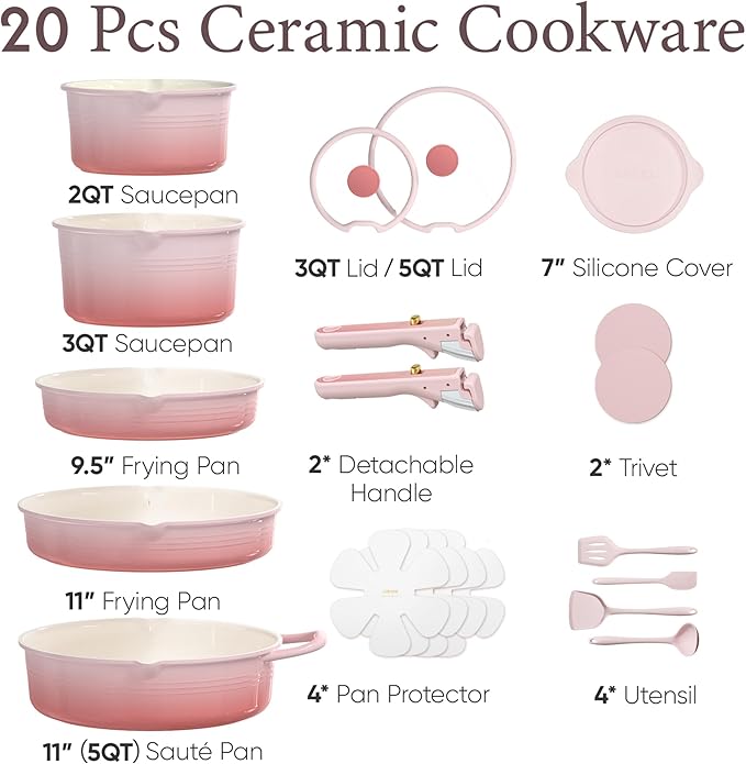 CAROTE 20Pcs Titanium Cookware Set Pots and Pans Set Non Stick Kitchen Cooking Set with Detachable Handle Non Toxic Induction Cookware Dishwasher/Oven Safe Pink