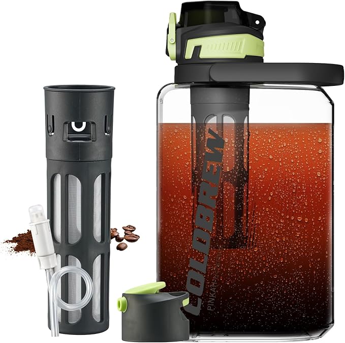 Cold Brew Coffee Maker 68oz Iced Coffee Tritan Pitcher with Filter 2 Pour Spout Lids For Airtight &amp Leak-Proof Coffee Barrel(Black)