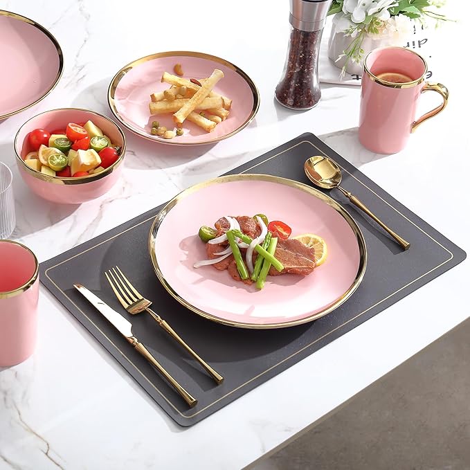 Modern Porcelain 16 Piece Pink Dinnerware Set Stoneware Dinnerware Sets for 4Plates and Bowls Sets Dinnerware with Gold Trim Gold Dish SetPink and Golden Rim.