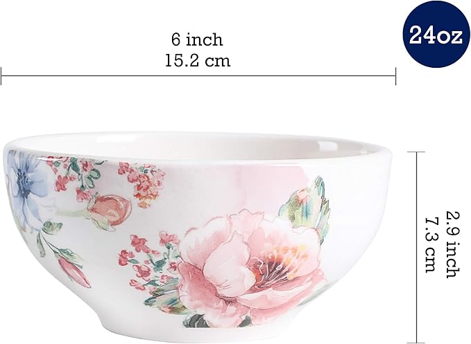 Bico Margret's Garden Ceramic 12 pcs Dinnerware Set Service for 4 Inclusive of 11 inch Dinner Plates 8.75 inch Salad Plates and 24oz Cereal Bowls for Party Microwave &amp Dishwasher Safe