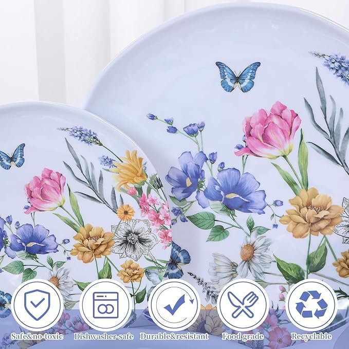 12 Piece Melamine Dinnerware Sets - Plates And Bowls Sets Floral Dinnerware Sets- Spring Camping Dishs Indoor Outdoor UseFlowers And Butterflies Pattern