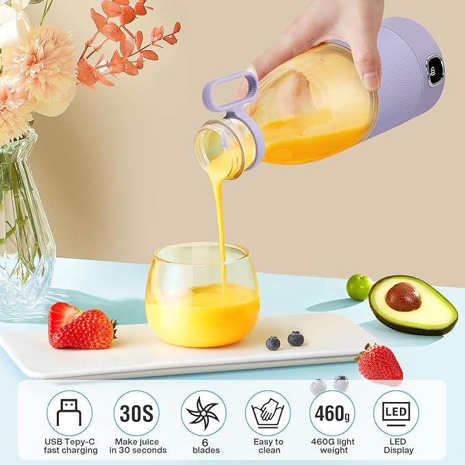 Portable Blender MIAOKE 6 Blades Juicer Cup for Juice Shakes and Smoothies 350ml Mini Blender with Led Display Usb Rechargeable3000Mah Rechargeable Battery for Home Sports Outdoors Travel-Purple