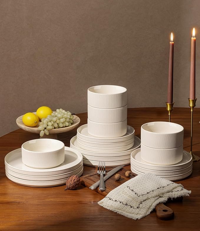 GBHOME Stoneware Dinnerware Sets for 4 12 Pieces Ceramic Ribbed Plates and Bowls Set Reactive Glaze Stackable Plate Sets Scratch Resistant Dishes Microwave &amp Dishwasher Safe Beige